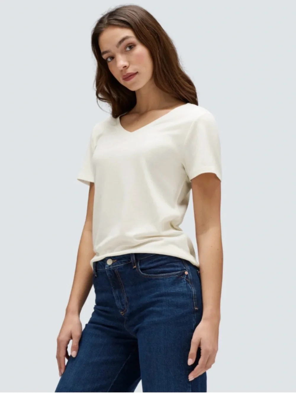 Travel Classic V-Neck Short Sleeve Top in Cream - Picture 1 of 8
